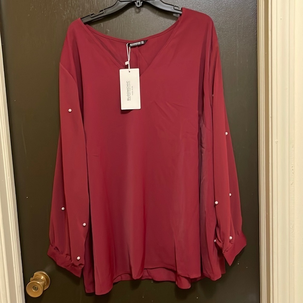 Bloomchic Burgundy Wine Long SleeveBlouse With White Pearls On Sleeves 29 plus